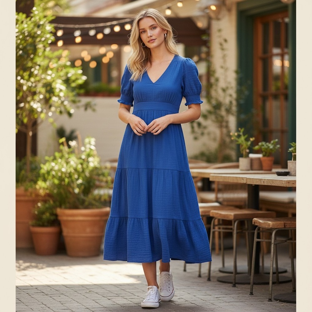 Boden Womens Blue Anna Double Cloth Midi Dress 14L Cottage Prairie Gauzy Cotton